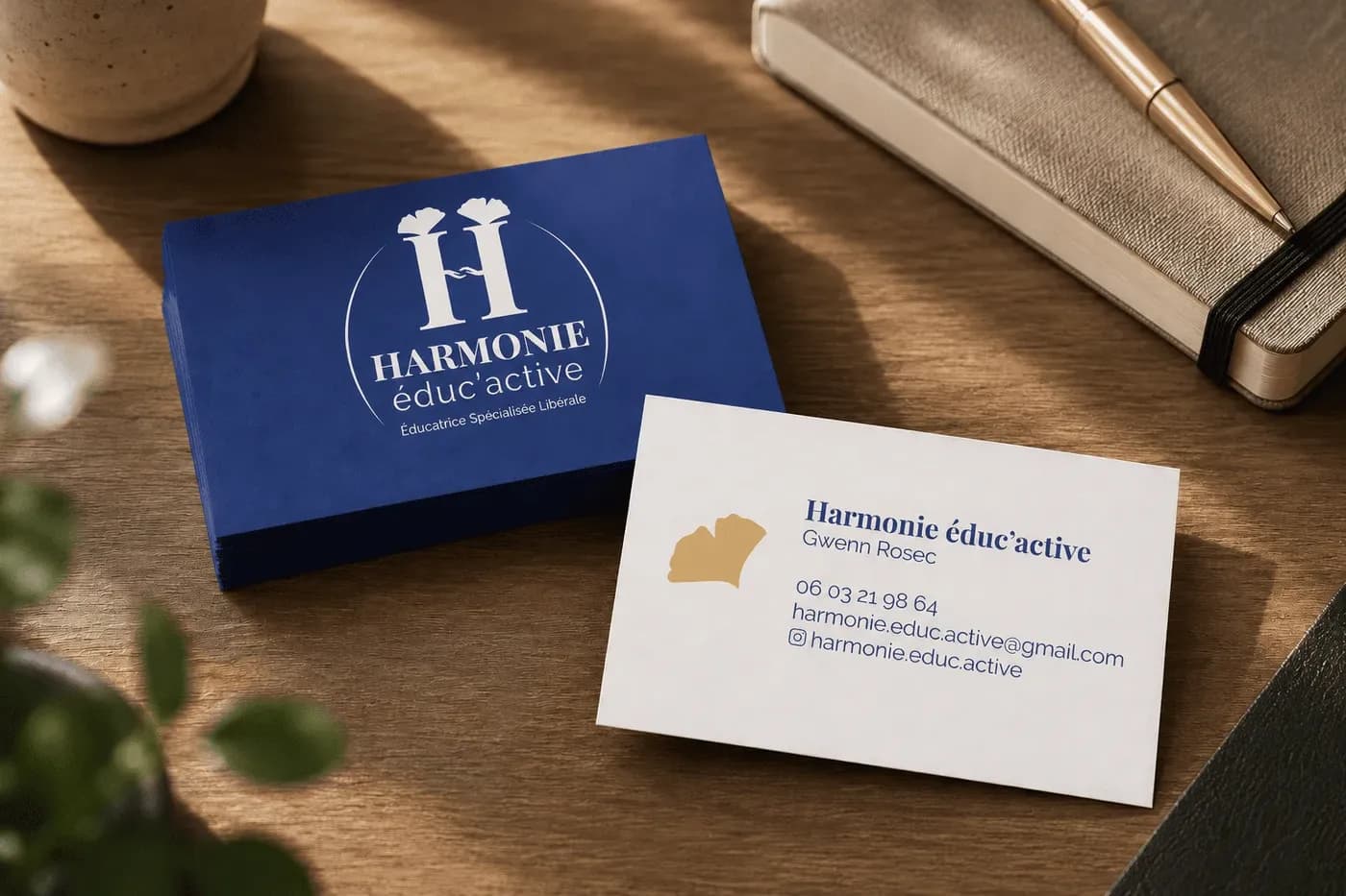 Création du logo, de l’identité visuelle et des cartes de visite d’Harmonie éduc’active par Lulu Communication.
